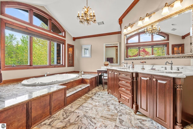 6853 S W Bay Shore Dr, Traverse City, MI 49684 - bathroom with a chandelier, lofted ceiling, double vanity, a bath, and marble finish floors