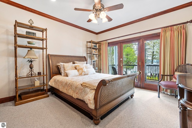 6853 S W Bay Shore Dr, Traverse City, MI 49684 - bedroom with access to exterior, carpet, ornamental molding, a ceiling fan, and french doors