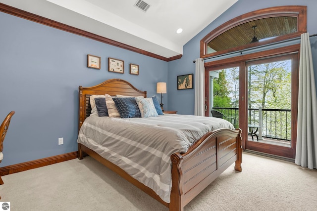 6853 S W Bay Shore Dr, Traverse City, MI 49684 - carpeted bedroom featuring vaulted ceiling, access to outside, baseboards, and recessed lighting