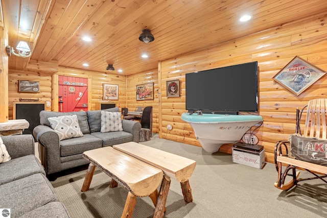 6853 S W Bay Shore Dr, Traverse City, MI 49684 - carpeted living room with recessed lighting, log walls, and wooden ceiling