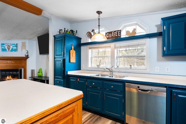 9170 Townline Rd, Kingsley, MI 49649 - kitchen featuring stainless steel dishwasher, blue cabinets, a textured ceiling, a sink, and light countertops