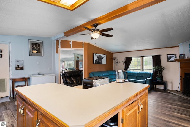 9170 Townline Rd, Kingsley, MI 49649 - kitchen with a ceiling fan, dark wood-style floors, brown cabinetry, ornamental molding, and open floor plan