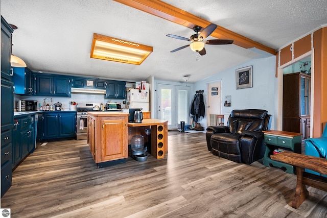 9170 Townline Rd, Kingsley, MI 49649 - kitchen featuring stainless steel gas stove, freestanding refrigerator, blue cabinets, under cabinet range hood, and dark wood-style flooring