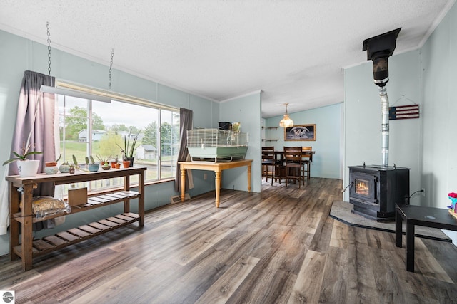 9170 Townline Rd, Kingsley, MI 49649 - living area featuring wood finished floors, a textured ceiling, crown molding, and a wood stove