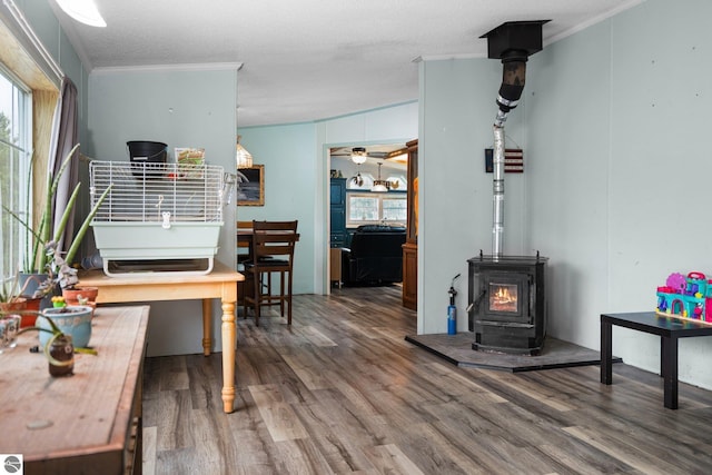 9170 Townline Rd, Kingsley, MI 49649 - living area featuring wood finished floors, crown molding, a wood stove, healthy amount of natural light, and ceiling fan