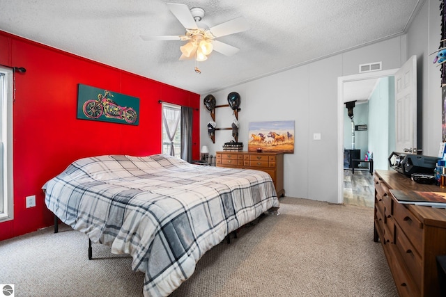 9170 Townline Rd, Kingsley, MI 49649 - bedroom featuring an accent wall, carpet, a textured ceiling, and a ceiling fan