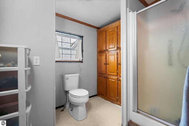 9170 Townline Rd, Kingsley, MI 49649 - bathroom with a stall shower, tile patterned floors, toilet, and a textured ceiling