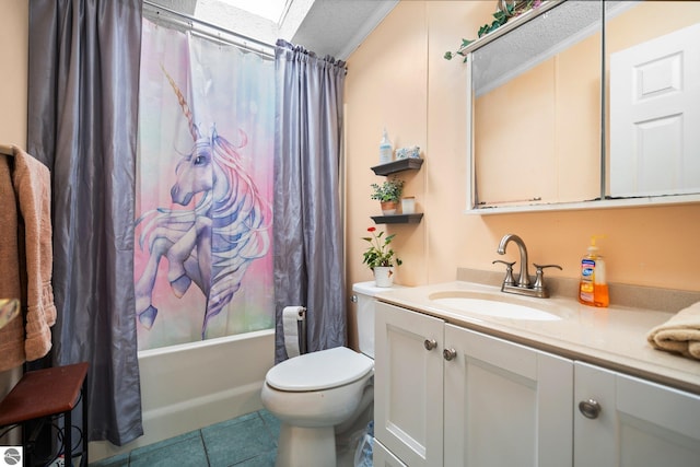 9170 Townline Rd, Kingsley, MI 49649 - bathroom featuring vanity, tile patterned flooring, toilet, shower / bathtub combination with curtain, and a skylight