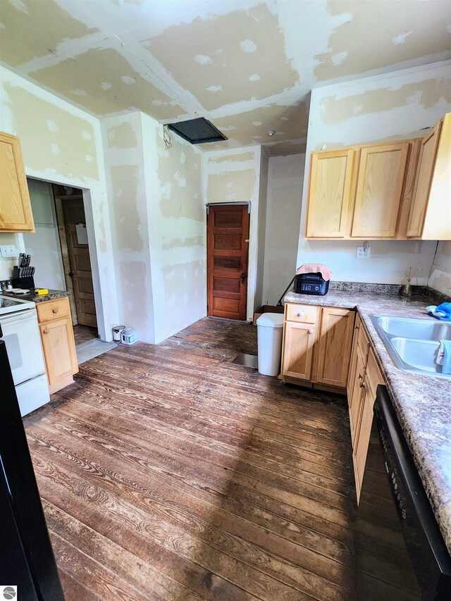 18846 Maple St, Copemish, MI 49625 - kitchen featuring a sink, dishwasher, dark wood-style flooring, light brown cabinetry, and white electric range oven