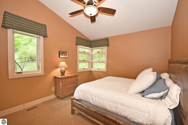 4365 W Burdickville Rd, Maple City, MI 49664 - carpeted bedroom featuring vaulted ceiling, baseboards, and ceiling fan