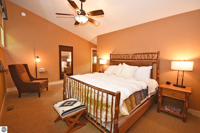 4365 W Burdickville Rd, Maple City, MI 49664 - bedroom with carpet floors, lofted ceiling, baseboards, and a ceiling fan