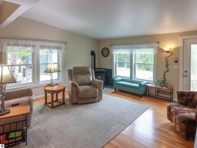 8086 Narrow Gauge Rd, Beulah, MI 49617 - living area with plenty of natural light, vaulted ceiling, light wood finished floors, and a wood stove