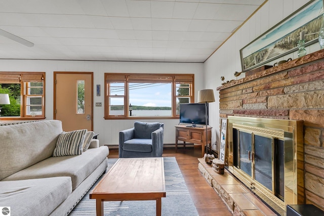 7510 Crystal Dr, Beulah, MI 49616 - living room featuring wood finished floors and a stone fireplace