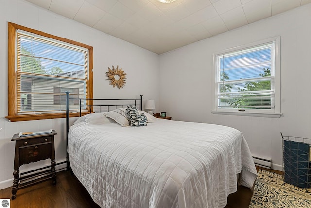 7510 Crystal Dr, Beulah, MI 49616 - bedroom featuring dark wood-style flooring, a baseboard radiator, and baseboards