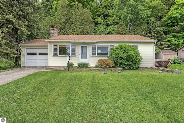 7510 Crystal Dr, Beulah, MI 49616 - ranch-style house featuring a chimney, a front lawn, a garage, and driveway