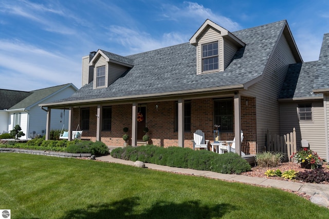 2152 Cornerstone Dr, Mount Pleasant, MI 48858 - new england style home with covered porch, brick siding, roof with shingles, a front yard, and a chimney