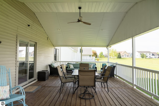2152 Cornerstone Dr, Mount Pleasant, MI 48858 - wooden terrace with outdoor dining area and a ceiling fan