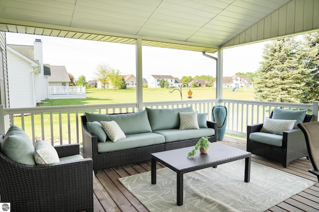2152 Cornerstone Dr, Mount Pleasant, MI 48858 - wooden terrace with a residential view, an outdoor hangout area, and a lawn