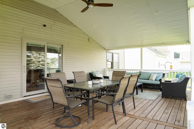 2152 Cornerstone Dr, Mount Pleasant, MI 48858 - sunroom featuring an outdoor hangout area, vaulted ceiling, outdoor dining space, and ceiling fan