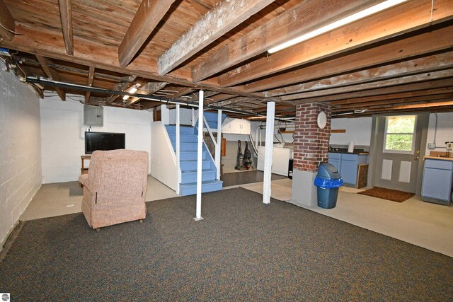 4327 S M-65, Glennie, MI 48737 - below grade area featuring electric panel, stairs, washer and dryer, and carpet flooring