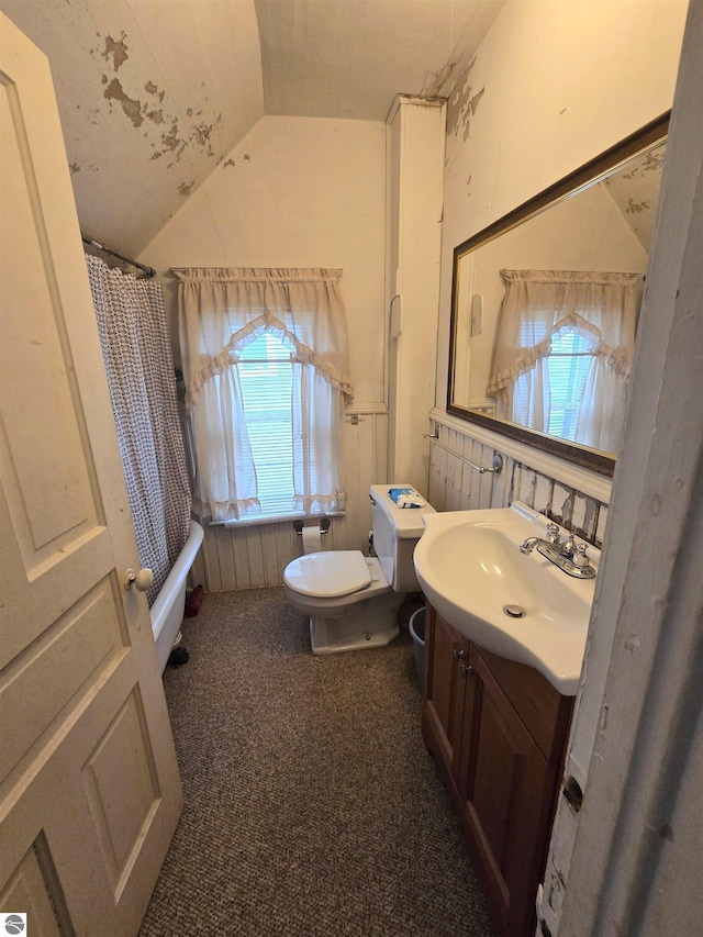 820 Wallace St, Cadillac, MI 49601 - bathroom with lofted ceiling, toilet, vanity, and shower / bath combo