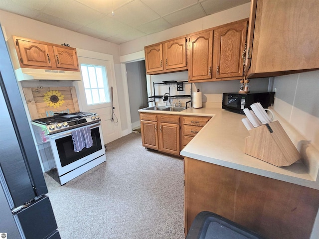 820 Wallace St, Cadillac, MI 49601 - kitchen featuring stainless steel appliances, a sink, under cabinet range hood, light countertops, and brown cabinetry
