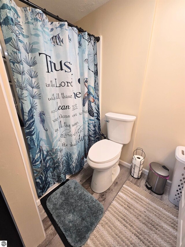 820 Wallace St, Cadillac, MI 49601 - full bath with toilet, wood finished floors, curtained shower, baseboards, and a textured ceiling