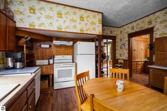 9889 Ramsay Rd, Buckley, MI 49620 - kitchen featuring white appliances, wallpapered walls, under cabinet range hood, dark wood-type flooring, and open shelves