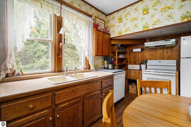 9889 Ramsay Rd, Buckley, MI 49620 - kitchen with white appliances, under cabinet range hood, wallpapered walls, a sink, and open shelves