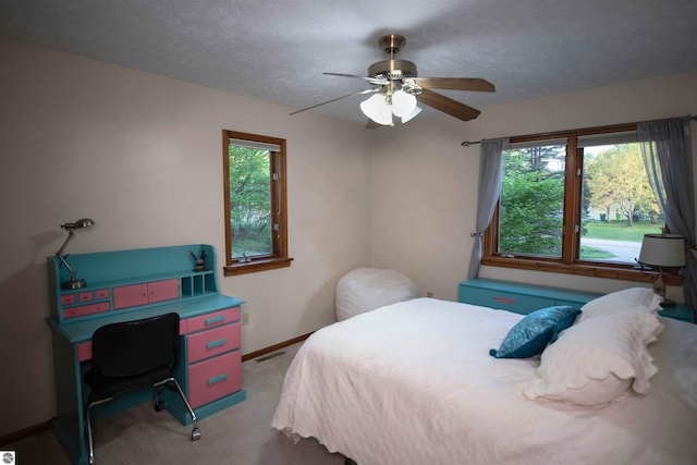 10226 Deerpath N, Traverse City, MI 49685 - bedroom featuring multiple windows, carpet flooring, baseboards, a ceiling fan, and a textured ceiling