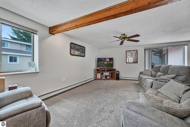 217 Winona Pl, Cadillac, MI 49601 - carpeted living area featuring a baseboard heating unit, beam ceiling, baseboards, a ceiling fan, and a textured ceiling