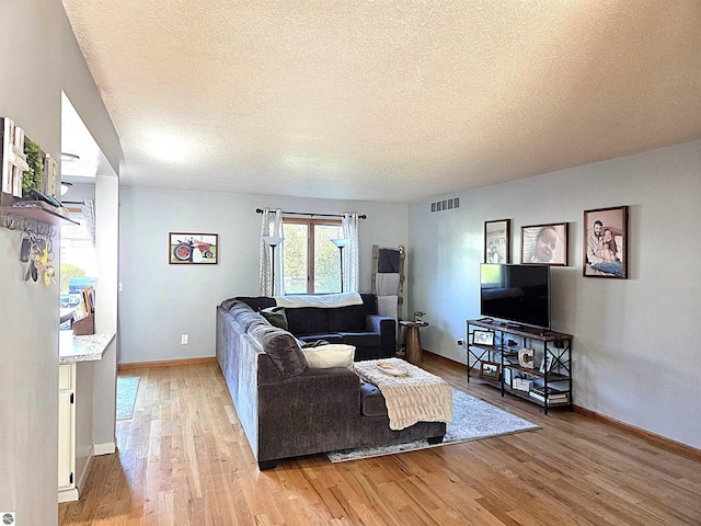 902 S Crapo St, Mount Pleasant, MI 48858 - living room featuring light wood-type flooring, a textured ceiling, and baseboards