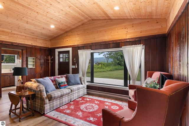 8489 S Glen Lake Rd, Glen Arbor, MI 49636 - living room featuring wooden walls, wooden ceiling, wood finished floors, and recessed lighting