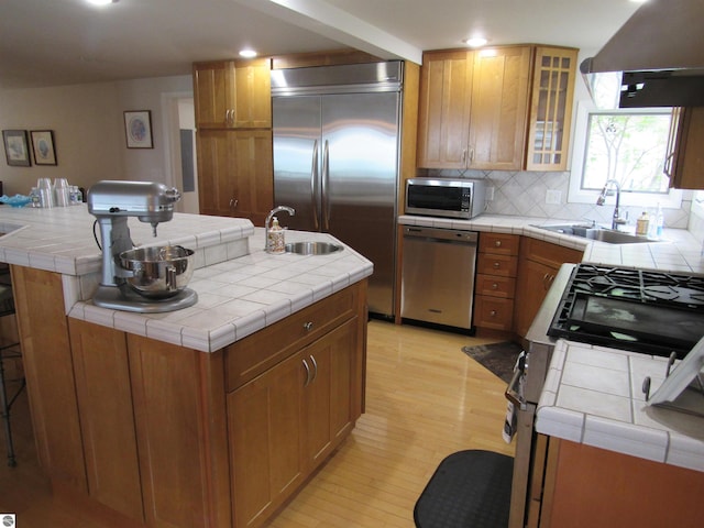 2011 Douglas Dr, Tawas City, MI 48763 - kitchen with appliances with stainless steel finishes, a sink, exhaust hood, light wood-style flooring, and recessed lighting