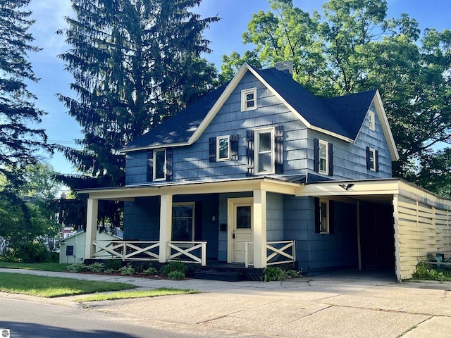 506 E Division St, Cadillac, MI 49601 - view of front of home with a porch, a shingled roof, and driveway