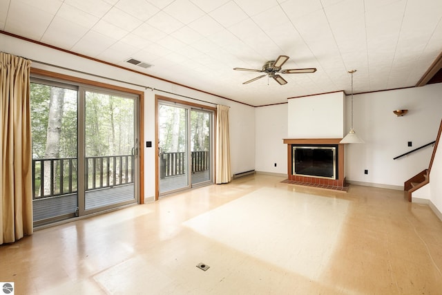 3228 S Skeba Rd S, Lake Leelanau, MI 49653 - unfurnished living room with a glass covered fireplace, stairs, ceiling fan, light floors, and baseboards