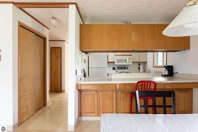 3228 S Skeba Rd S, Lake Leelanau, MI 49653 - kitchen featuring white appliances, a peninsula, and light countertops