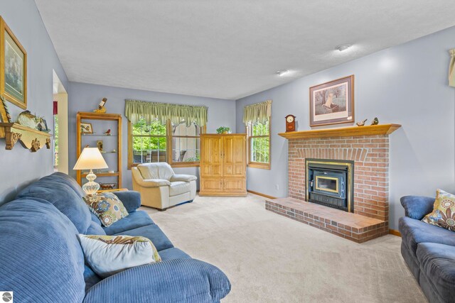 11103 S Ramblewood Dr, Cedar, MI 49621 - carpeted living area featuring a brick fireplace and baseboards