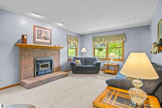 11103 S Ramblewood Dr, Cedar, MI 49621 - living room featuring carpet floors, baseboards, a textured ceiling, and a fireplace