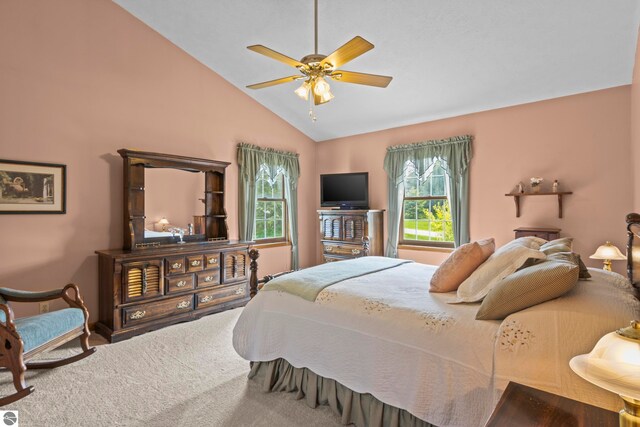 11103 S Ramblewood Dr, Cedar, MI 49621 - carpeted bedroom featuring high vaulted ceiling and ceiling fan