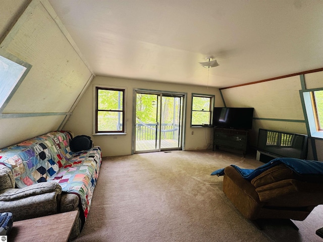 11711 E 22 3/4 Rd, Manton, MI 49663 - living room featuring lofted ceiling and carpet floors