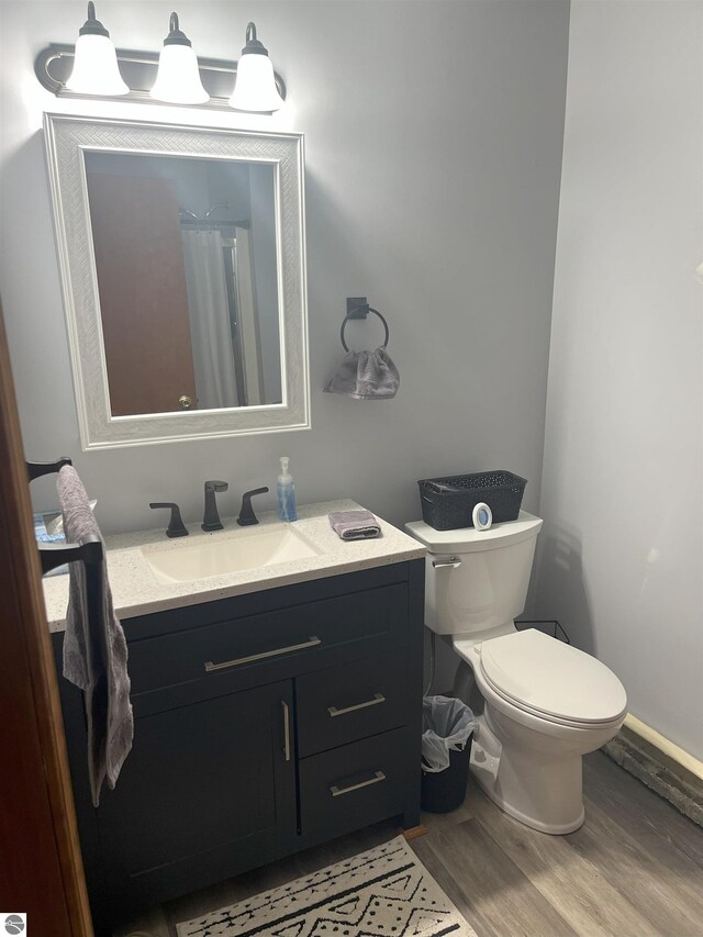 2168 S Lorenz Rd, Tawas City, MI 48763 - bathroom featuring wood finished floors, vanity, toilet, and a shower with curtain