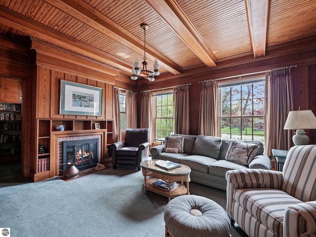 431 Michigan Ave, Charlevoix, MI 49720 - living room featuring wood ceiling with exposed beams, a chandelier, wooden walls, carpet, and a fireplace with flush hearth