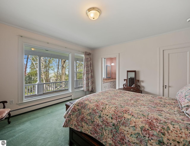 431 Michigan Ave, Charlevoix, MI 49720 - carpeted bedroom featuring a baseboard radiator, crown molding, and ensuite bathroom