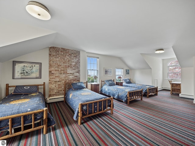431 Michigan Ave, Charlevoix, MI 49720 - carpeted bedroom featuring baseboard heating, lofted ceiling, multiple windows, baseboards, and a baseboard radiator