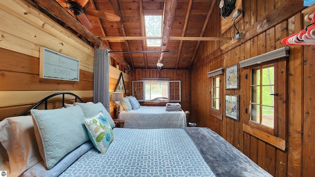 6875 Jose Lake Rd, South Branch, MI 48761 - bedroom with wooden walls, wood ceiling, and carpet flooring