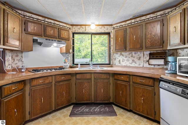 14501 Williams Dr, Elk Rapids, MI 49629 - kitchen featuring white dishwasher, light flooring, stainless steel gas cooktop, under cabinet range hood, and wallpapered walls