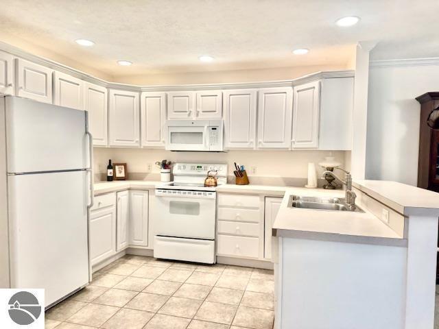 705 Eastgate Pl Unit 10 B, Traverse City, MI 49686 - kitchen with white appliances, a sink, a peninsula, light countertops, and crown molding