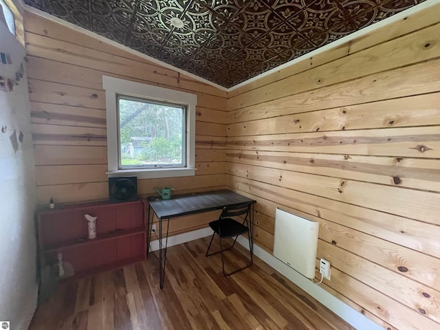 906 Vassar St, Alma, MI 48801 - office featuring an ornate ceiling, wood finished floors, and wood walls