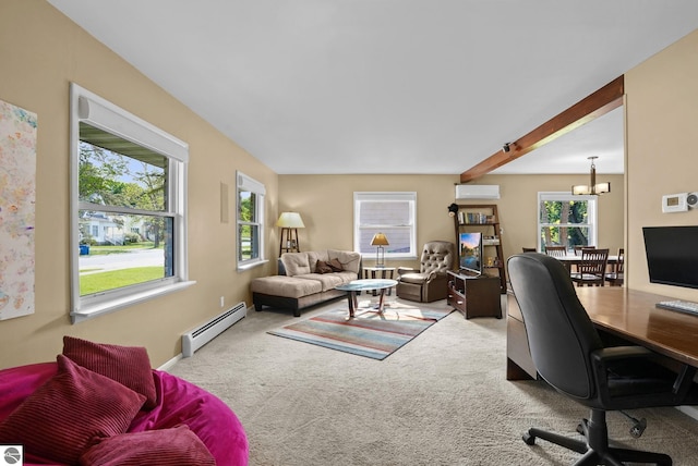 710 E Division St, Cadillac, MI 49601 - office space with a baseboard radiator, carpet floors, a chandelier, an AC wall unit, and beam ceiling